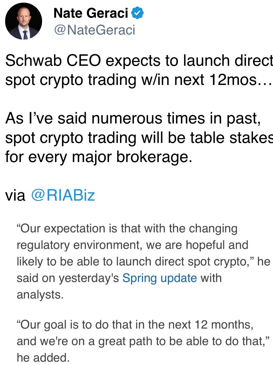 Schwab CEO expects to launch direct spot crypto trading w/in next 12mos&hellip;
