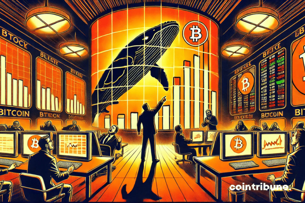 Medium shot inside, dark atmosphere with luminous screen. Excited analyst points to a bullish Bitcoin curve on a giant screen with a whale’s shadow across it.