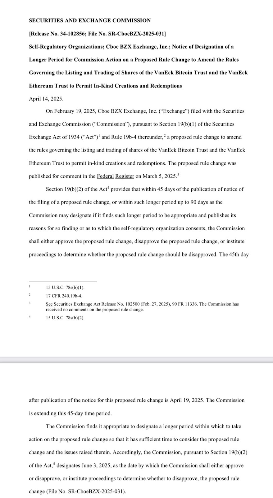 The SEC is delaying its decision to allow in-kind creations and redemptions for BTC and ETH spot ETFs until June 3