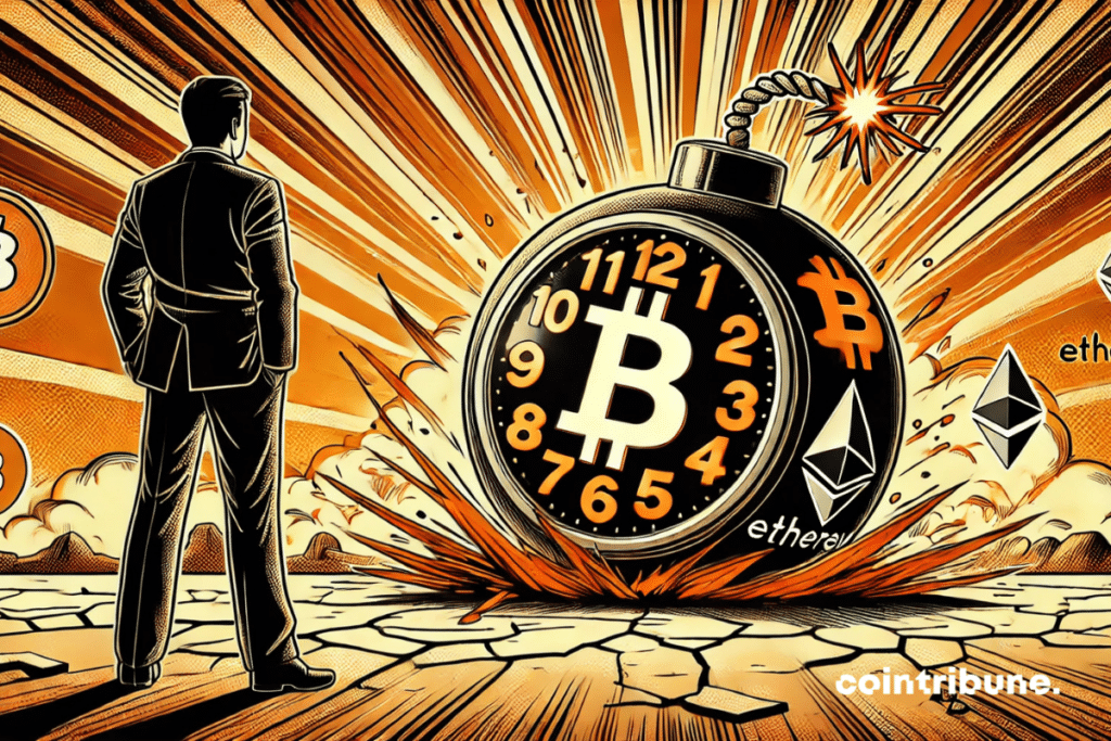 An anxious costumed figure observes the crypto bomb ready to explode, symbolizing the expiration of the Bitcoin and Ethereum options.