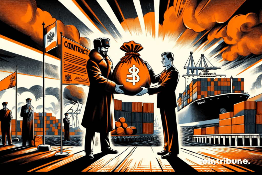 BRICS member Russia in its role as strategic negotiator, confidently dominating its industrial port. The ruble exchange is highlighted with power and symbolism.