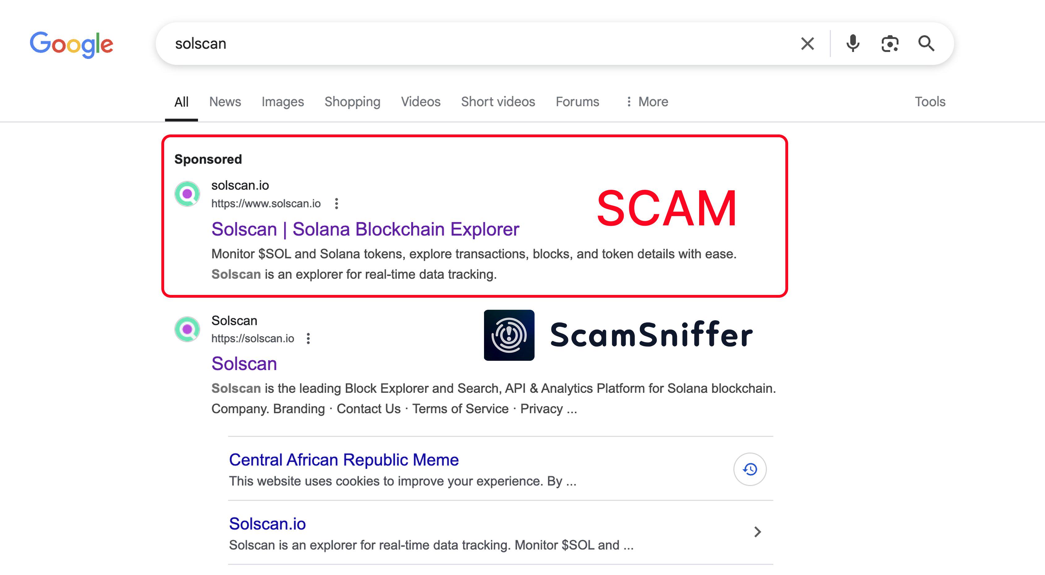 Scam Sniffer:谷歌搜索结果榜首“Solscan”为钓鱼链接