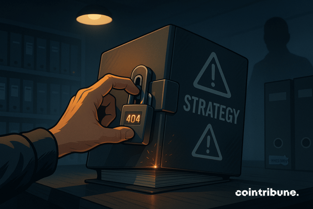 An unseen investor or investigator (only his hand is shown) attempts to open a thick metal filing cabinet.