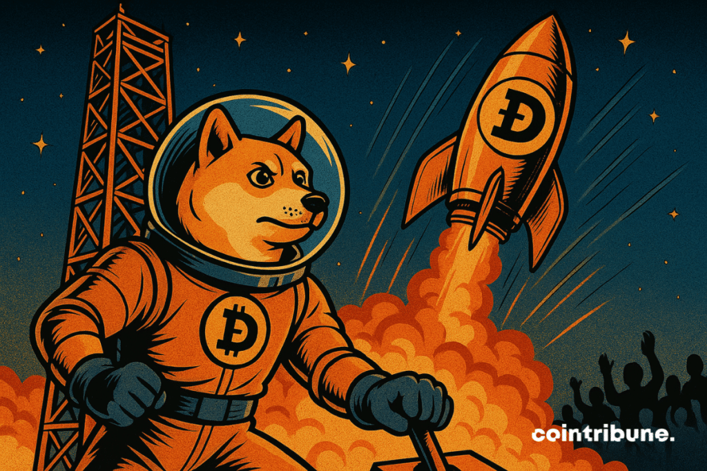 A determined Shiba Inu in a space suit stands ready on a launch pad, as a rocket bearing the Dogecoin logo lifts off into the starry sky, cheered on by a crowd.