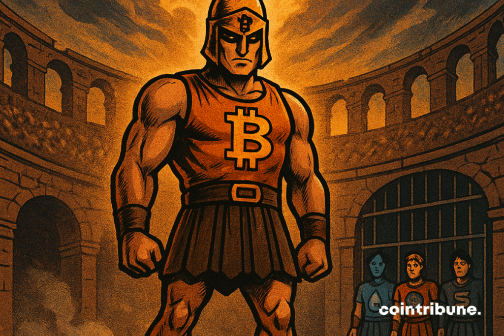 Bitcoin personified as a gladiator in the center of the arena. In a defiant stance. Serious, piercing gaze.