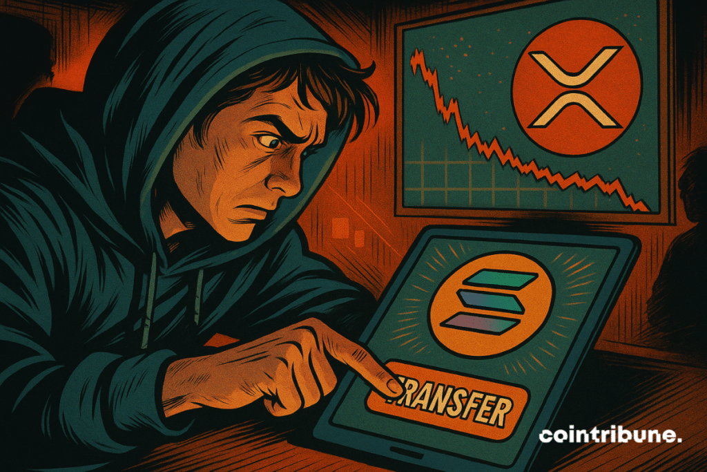 Panic-stricken trader pressing &ldquo;Transfer&rdquo; on a Solana logo screen