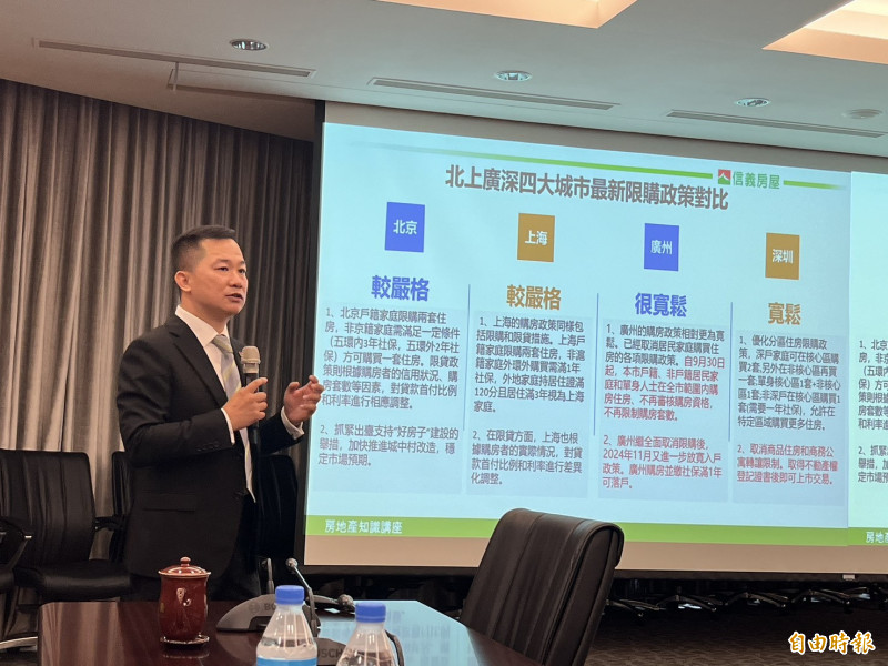 中國房市前景不明，上海信義房屋區域總監魏逢佑今日表示，中國銀行擬設立「保障性住房」再貸款，在中國有房產的人將受到影響。（記者陳鈺馥攝）